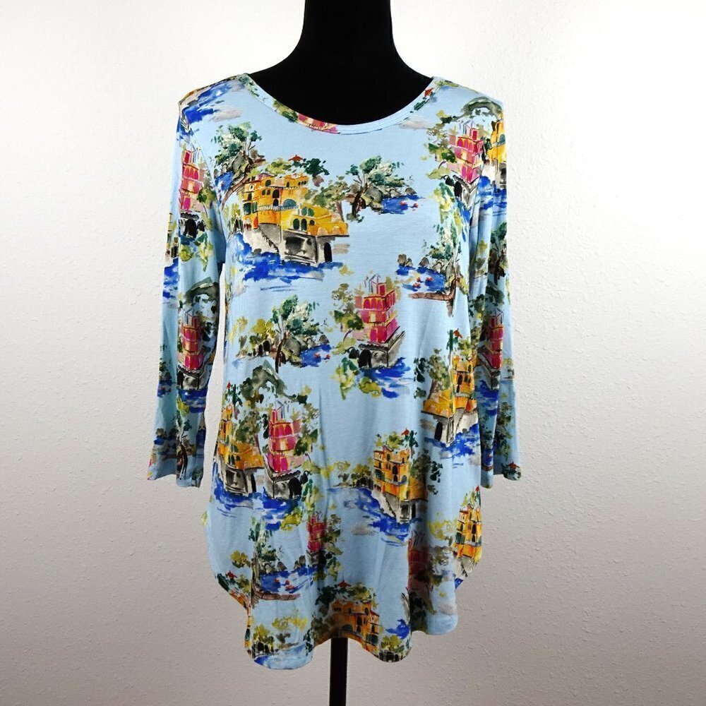 Karen Kane Knit Top T-Shirt Petite Women's M Blue Vacation Theme Made in USA